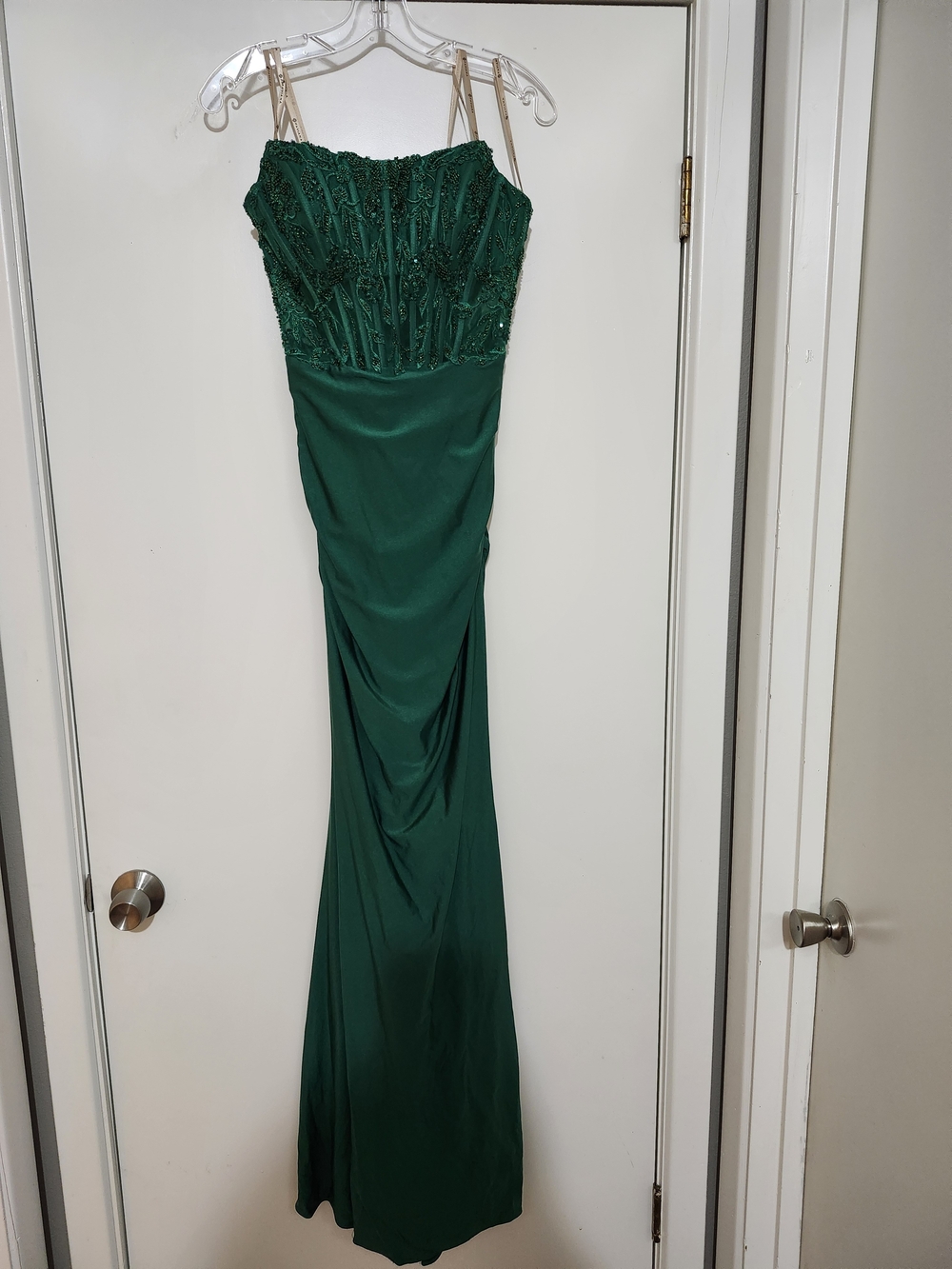 Faviana Emerald Green Beaded Strap Gown